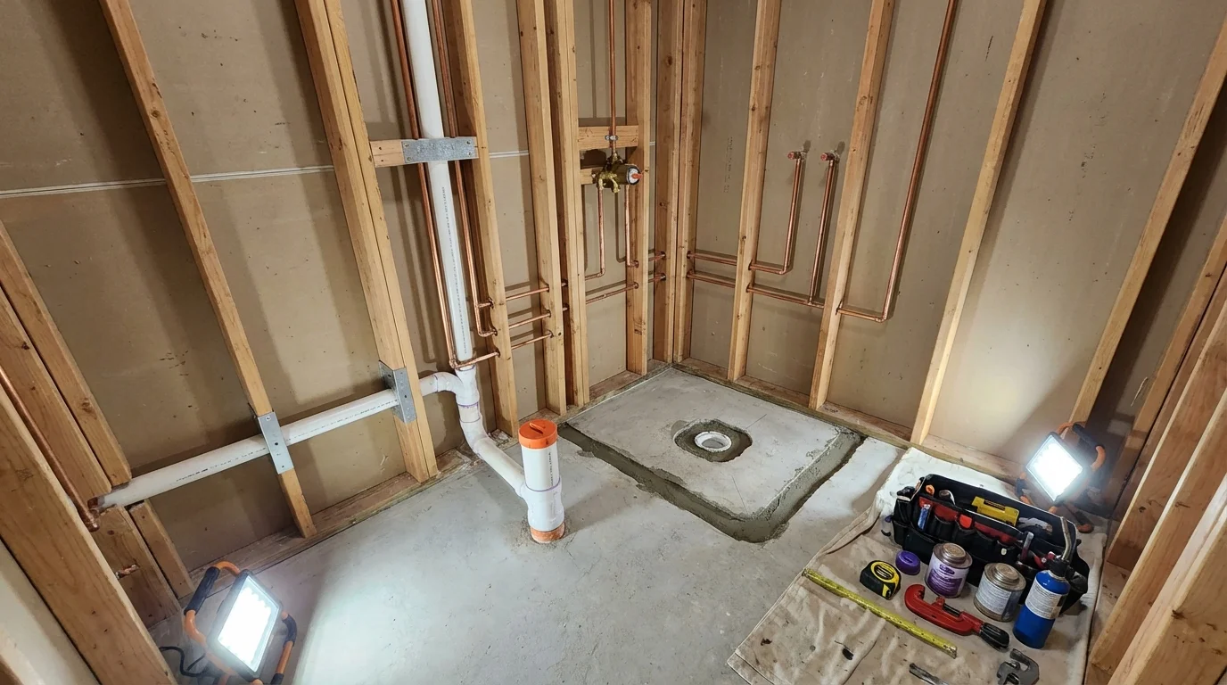 Bathroom rough-in plumbing during remodel by Johns Plumbing LLC in Luverne