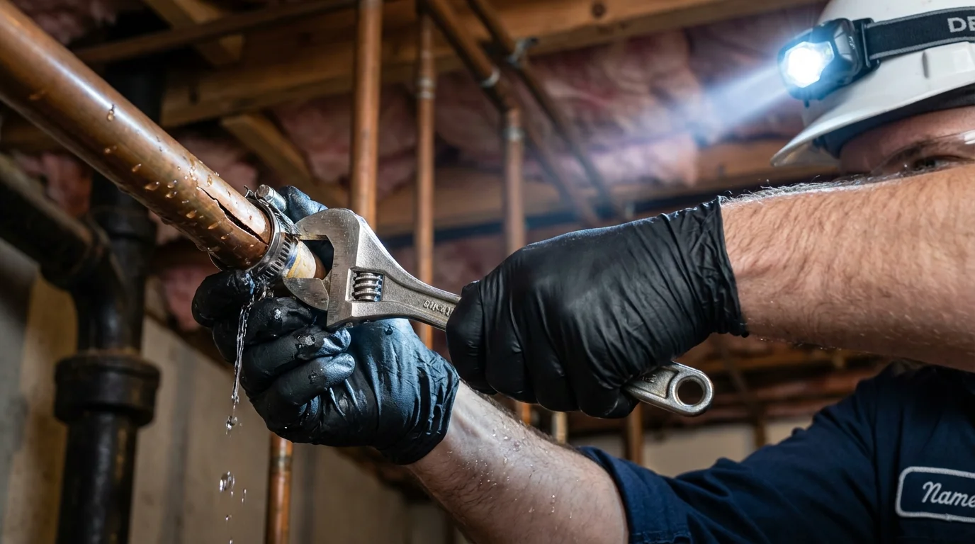 Emergency pipe clamp repair being performed by a Johns Plumbing LLC plumber in Luverne