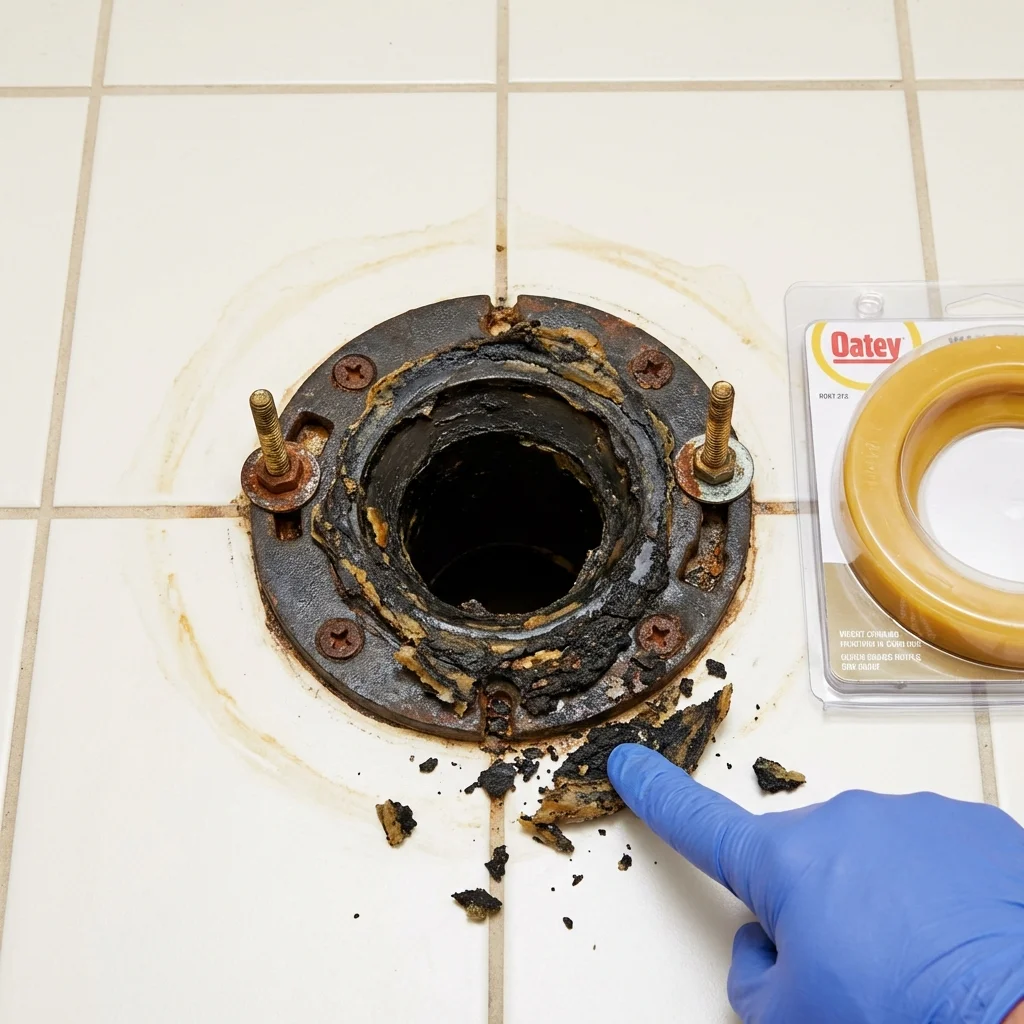 Failed wax ring showing water seepage at the base of a toilet in a Luverne, AL home