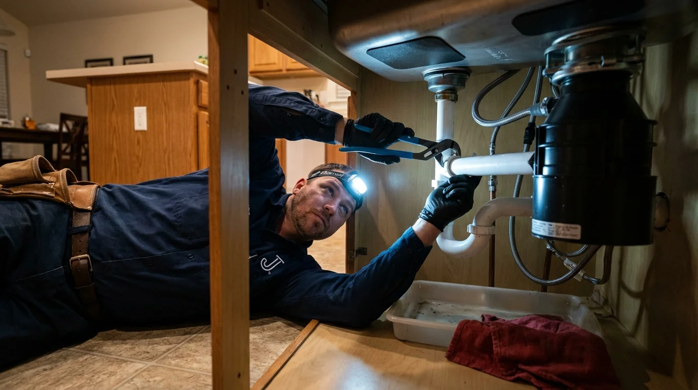 P-trap and supply line connections under a kitchen sink showing a common leak point in Luverne, AL